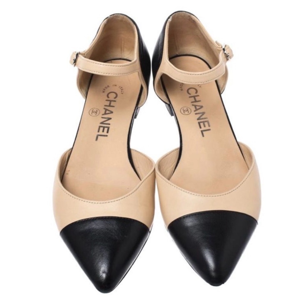 Chanel Two-Tone Beige and Black Pointed Toe Slingback Flats - Picture 1 of 15